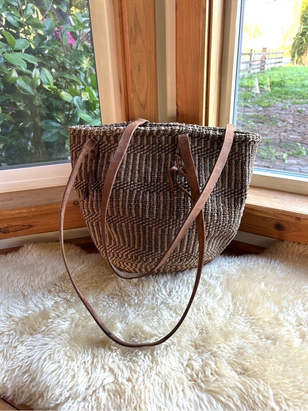 Vintage Woven Jute and Leather Market Bag